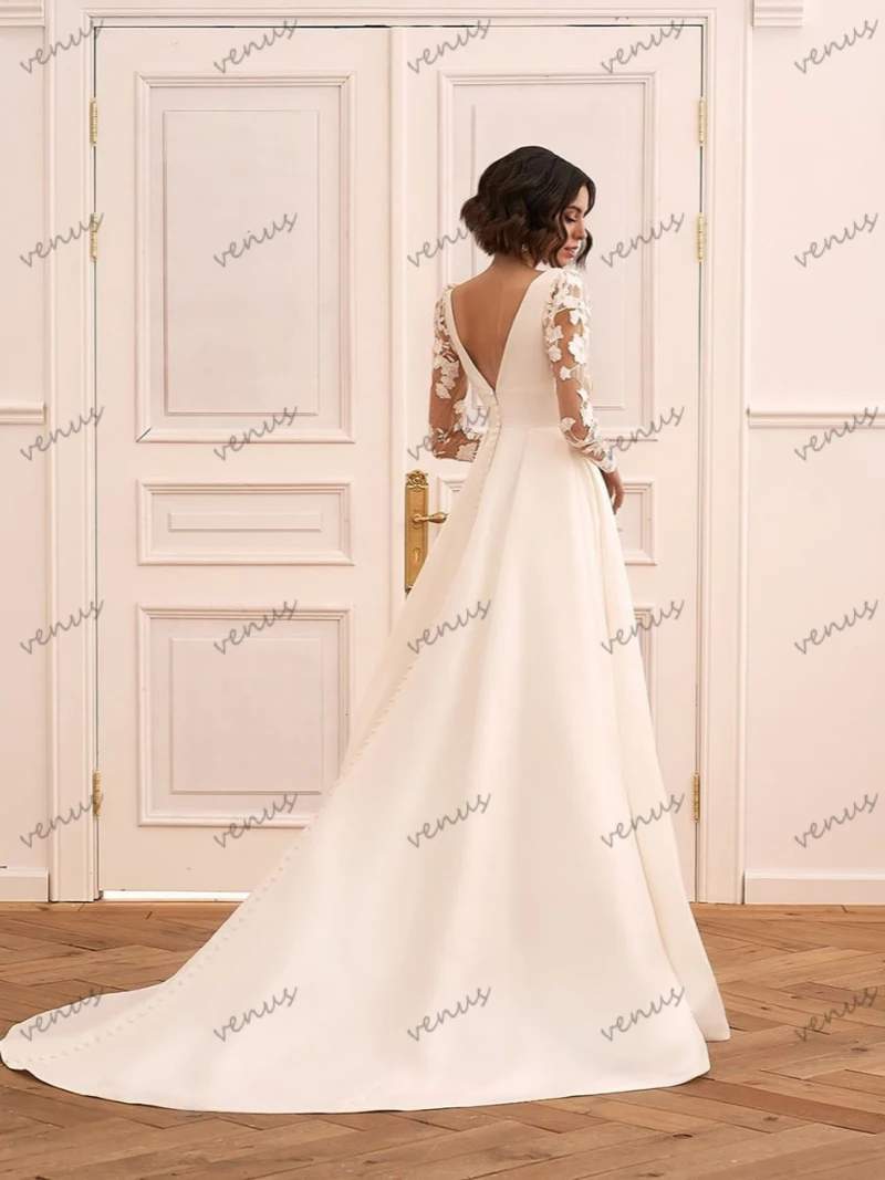 Vestidos De Novia clásicos 2025, Vestidos De Novia De satén con corte en A, mangas completas, Apliques De encaje, batas elegantes, Vestidos De Novia personalizados