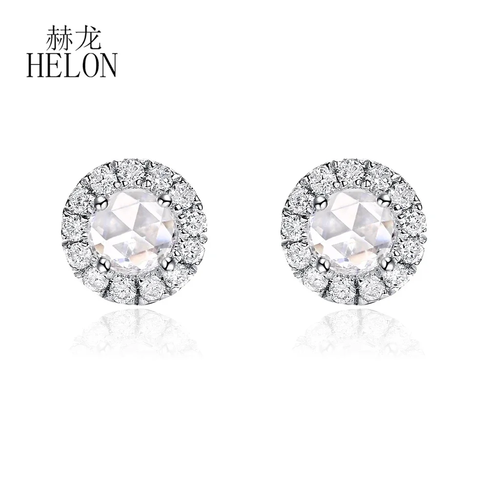 HELON Solid 18K White/Yellow/Rose Gold Rose Cut Natural Diamond Round Stud Earring Women Men Trendy Daily wear Fine Jewelry