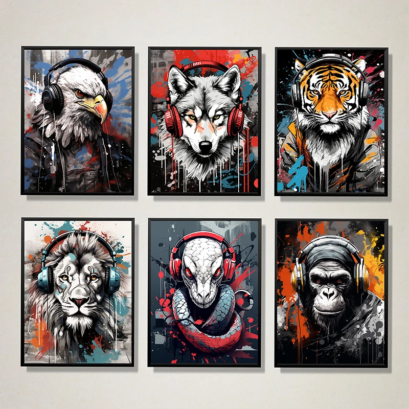 Animal Monkey Lion Wolf Tiger Headphone Dj Music Poster Canvas Print Painting Music Picture Internet Bar Room Decor