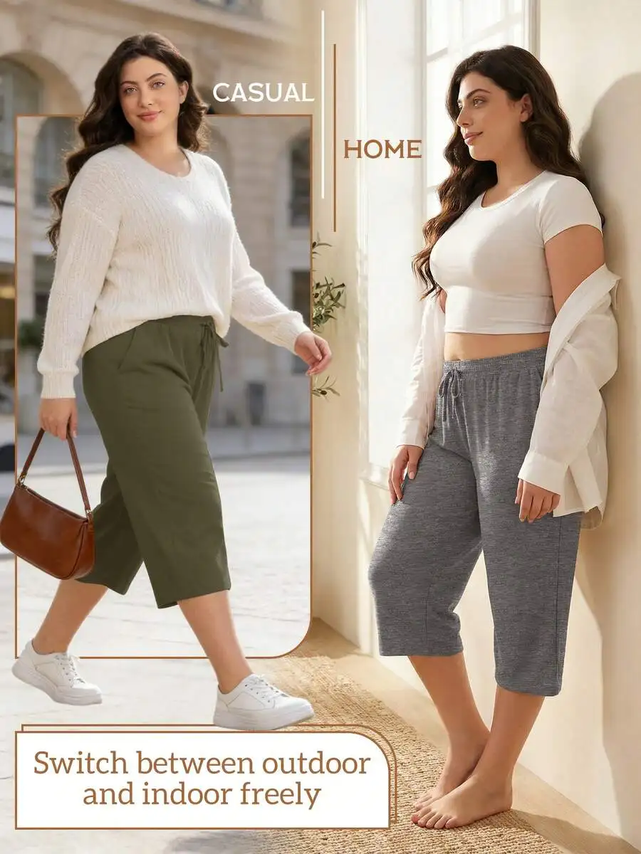 3 Pack Women's Plus Size Capris Pants, Wide Leg Loose Pants Casual Drawstring Capri Sweatpants Drawstring Pants With Pockets