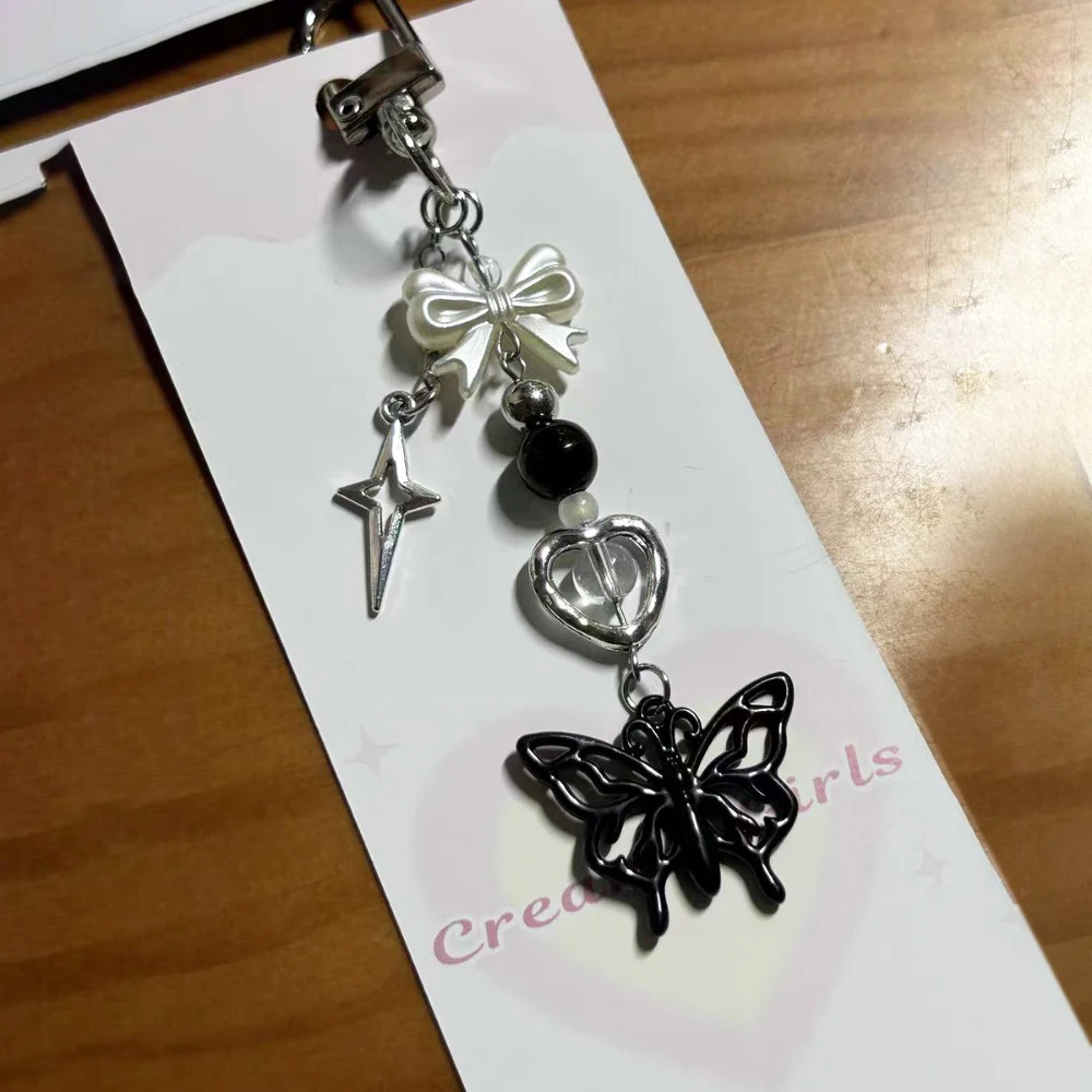 Charm Y2K Keychain Kawaii-Cute Pendant Jewelry Dark Butterfly Keyring Handmade Black Star Bowknot Beaded Chain for Women Girls