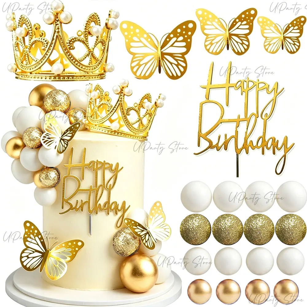 Goldene Kronen-Kuchenaufsätze, Balldekorationen, Schmetterlinge, Tiara, Acryl-Geburtstagskuchendekorationen für Geburtstagsköniginnen-Kronen-Party-Deko
