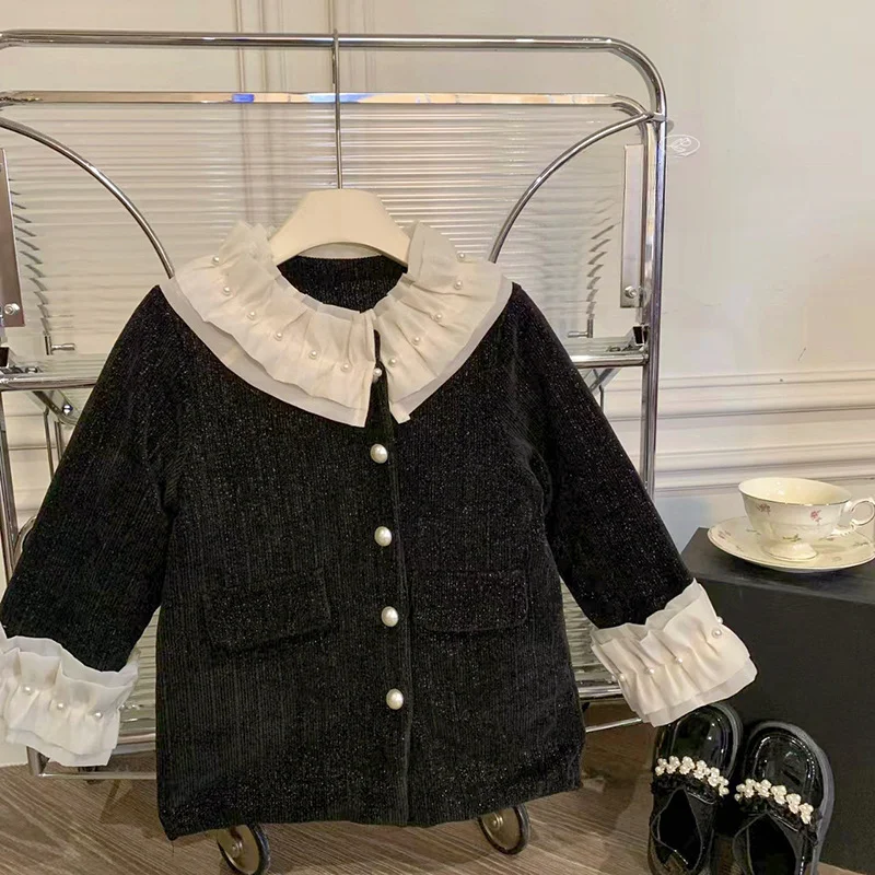 Cotton Lining and Thickening Clothing Girls' Coat Korean Style Retro Pearl Lace Contrasting Splicing Winter Long Jacket with