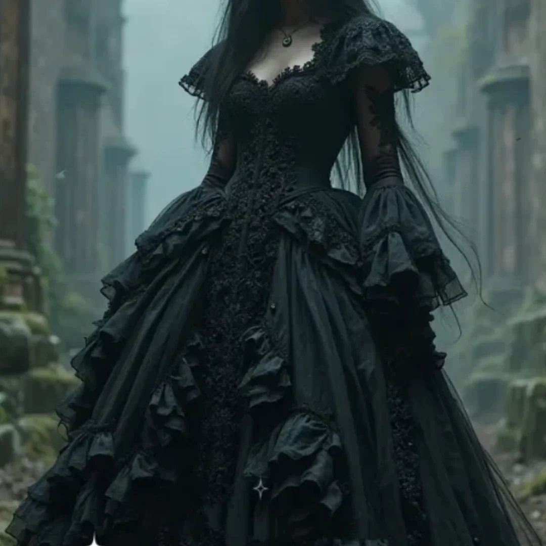 Vestido de noche largo con mangas acampanadas medievales y volantes, vestido de fiesta negro victoriano gótico personalizado