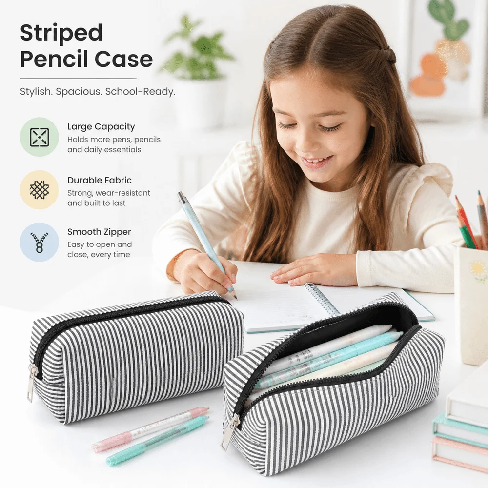 New Stripe Pattern Pen Pouch Large Capacity Zipper Closure Pencil Case Durable Multi-Purpose Makeup Pouch Home Storage