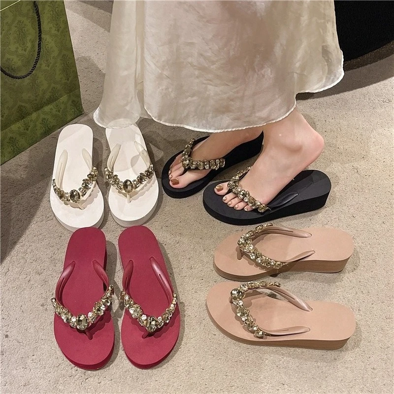 Summer new rhinestone flip-flops women's slope heel fashion toe drag casual non-slip medium heel beach cool slippers