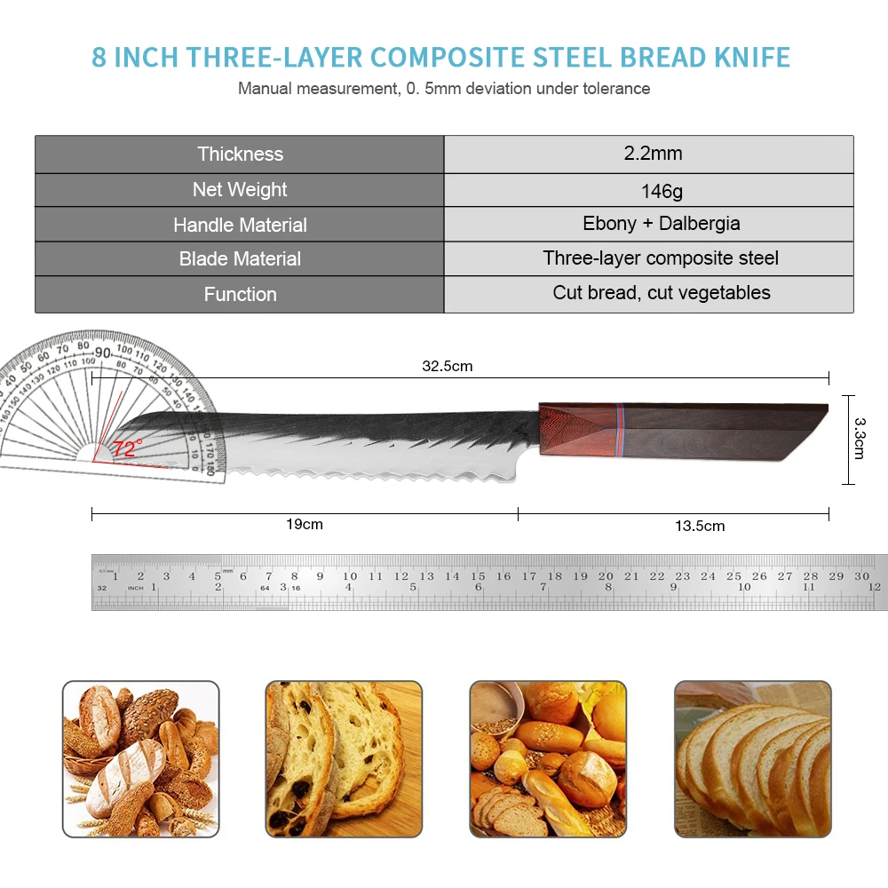 XITUO Hand Forged Professional 8 Inch Kitchen Bread Knife 3layer Composite Steel Sharp Slicing Knife For Toast,Cake Ebony Handle