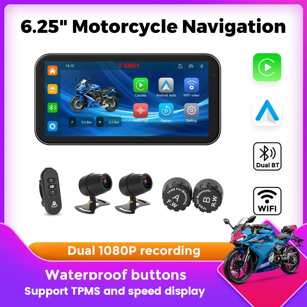 

TPMS 6.25Inch Portable IP67 Waterproof Motorcycle Wireless Car-Play Android Auto GPS Navigation DVR Drive Recorder Moto Monitor