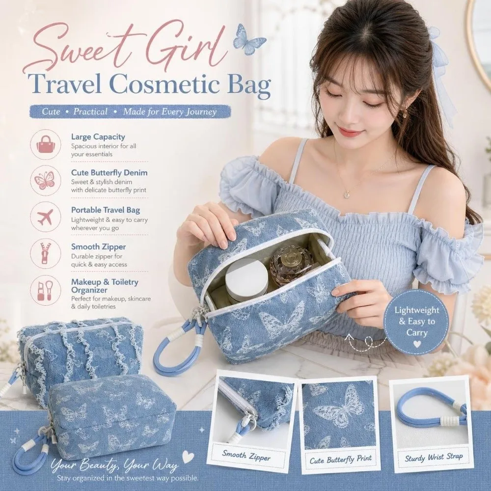 Large Capacity Butterfly Print Cosmetic Pouch Puffy Heart Storage Pouch Organizer Washable Zipper Denim Makeup Bag
