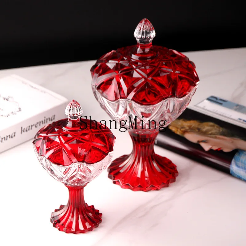 

CL red glass sugar jar, tall candy jar, dried fruit tray, household storage sugar jar with lid