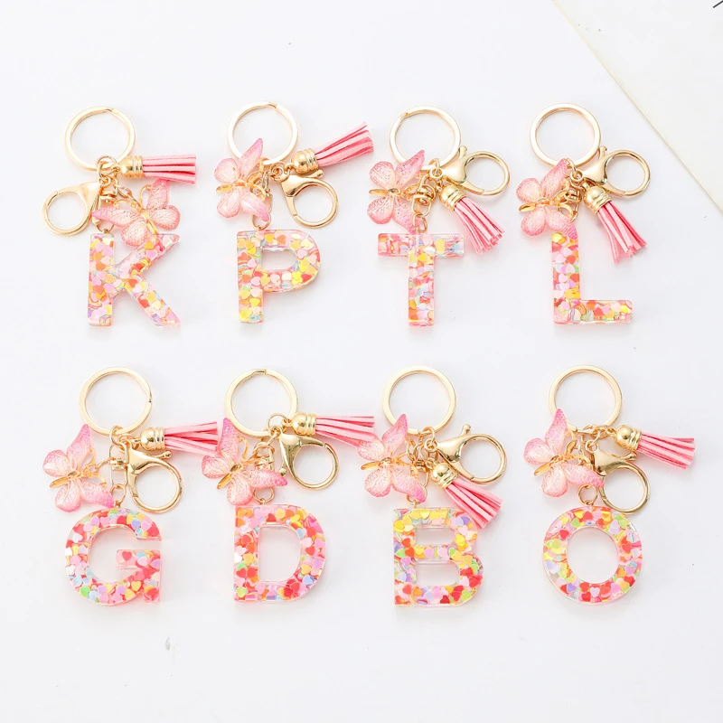 Epoxy Resin A-Z Dreamy Sequin Letters Keychain For Women Tassel Butterfly Pendant Initial Keyring Bag Charms Car Key Chain