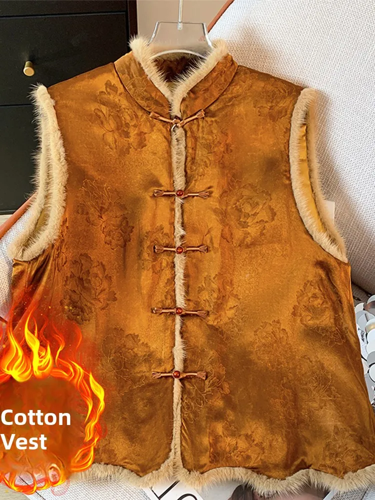 

Новый китайский хлопковый жилет на пуговицах с вышивкой, женский зимний топ с воротником-стойкой и цветочным принтом в стиле пэчворк