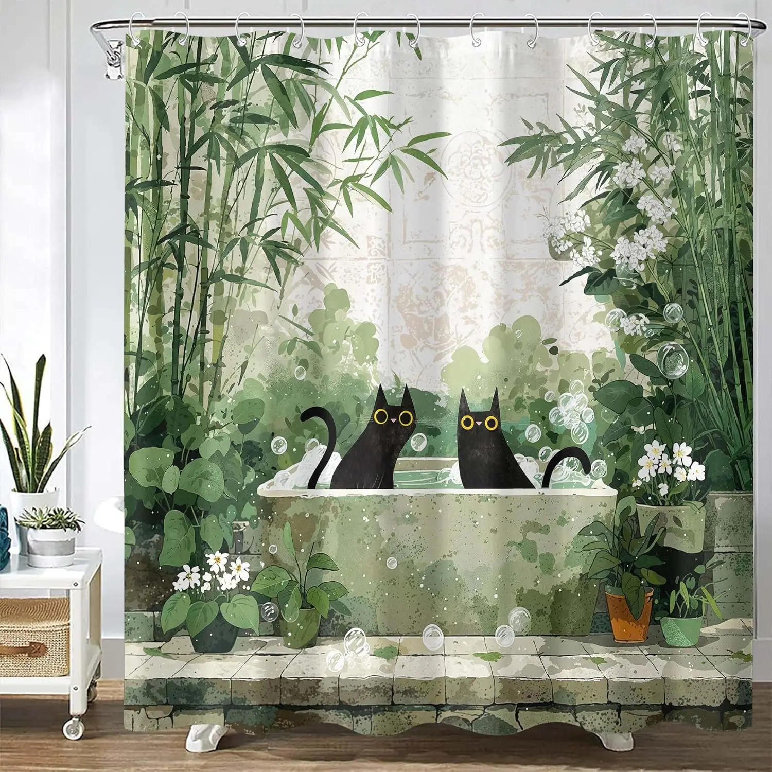 

Two Black Cats Taking Bubble Bath In Green Garden With Bamboo Plants Cartoon Animal Print Shower Curtain