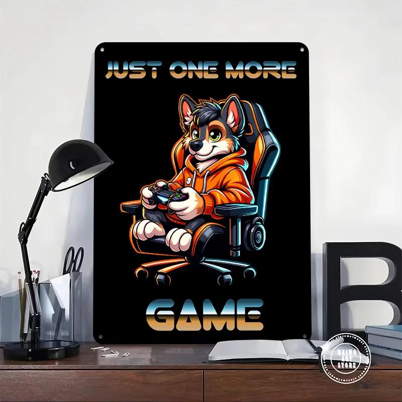 Gamer Dog in Gaming Chair Metal Poster Customized Wall Art Retro Vintage Tinplate Signs for Man Cave Room Decorating Interior