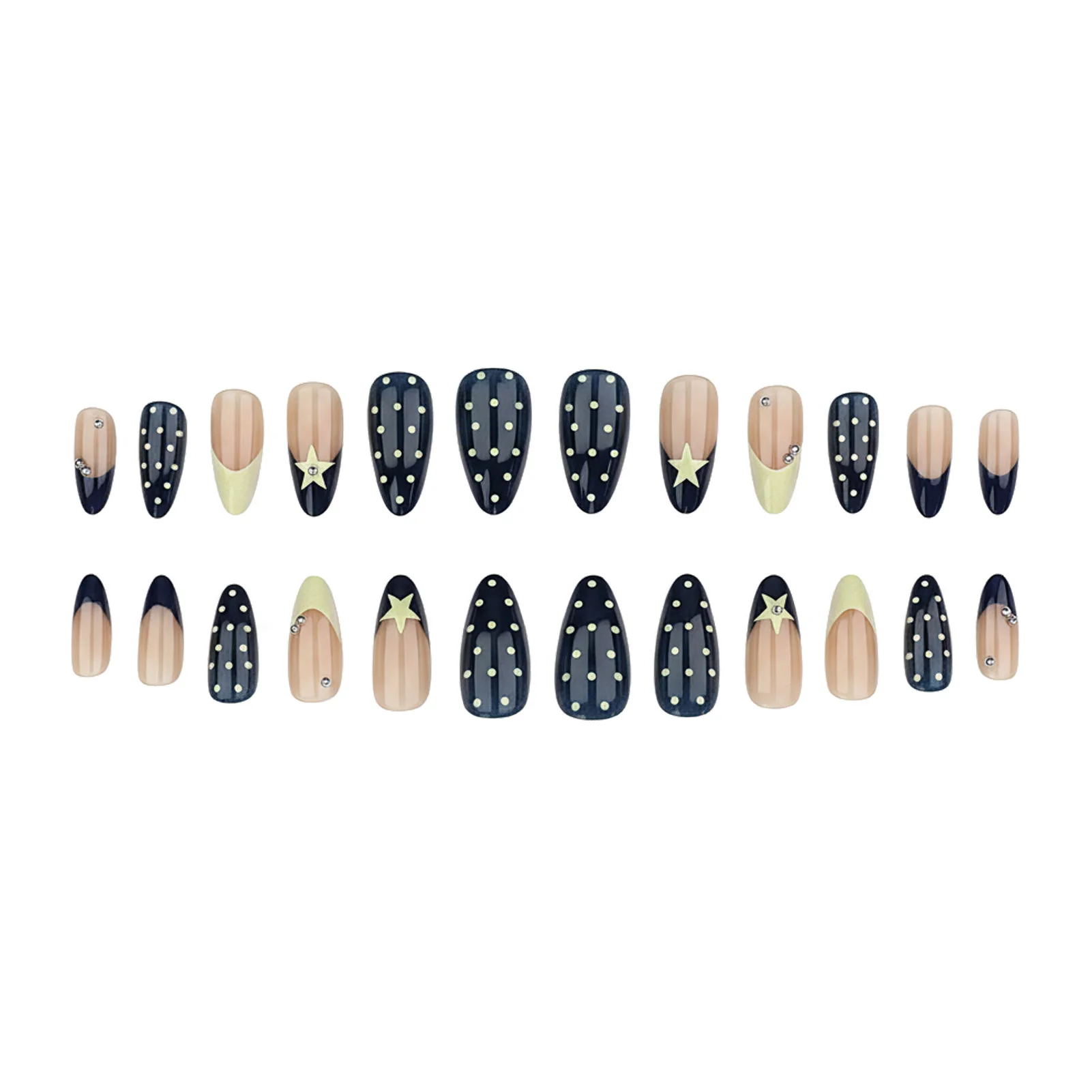 24 Stück französische künstliche Nägel mit Sternenmuster, blau, gelb, bunt, gepunktet, zum Aufdrücken auf die Nägel, Nagelspitzen, künstliche Nägel, tragbare künstliche Nägel – Detail 1
