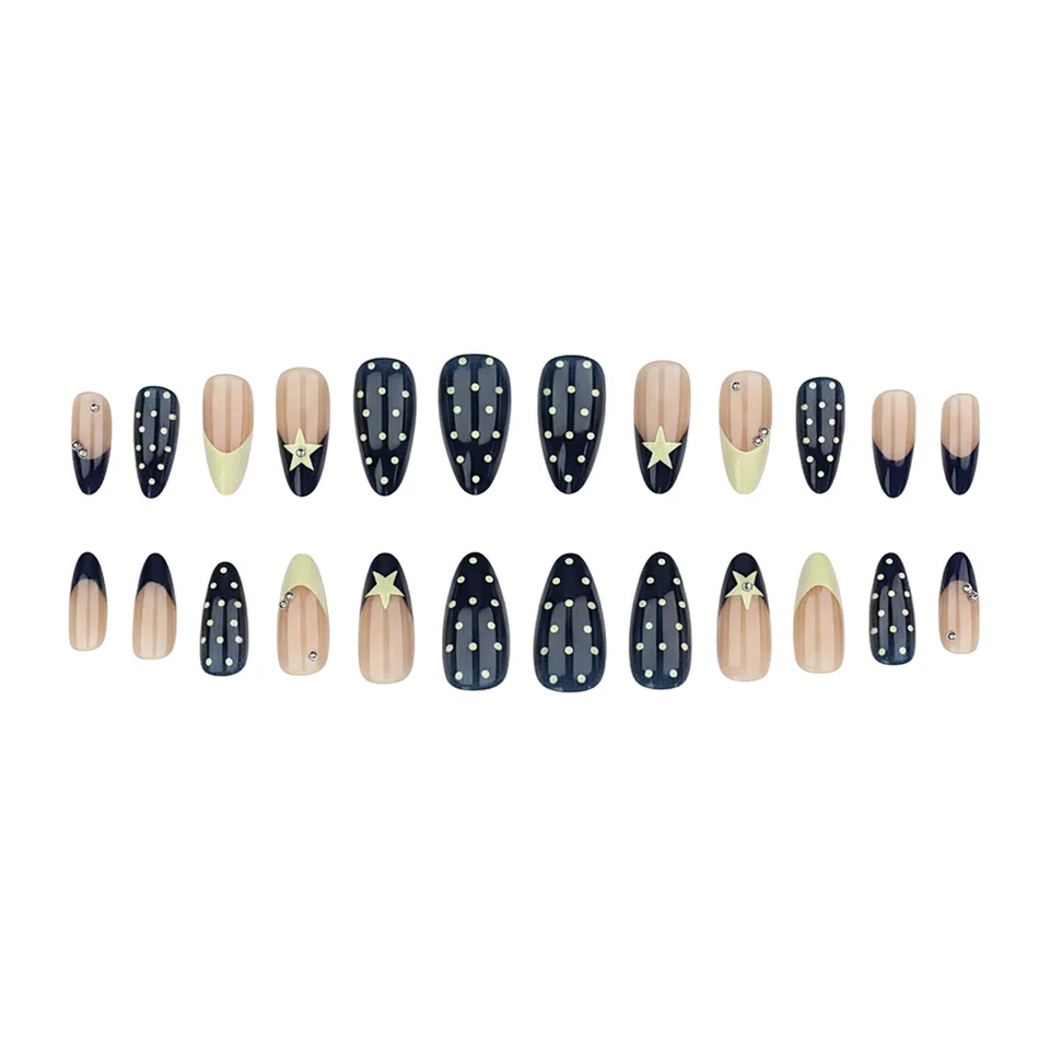 24 uñas postizas francesas con estampado de estrellas, azul y amarillo colorido, lunares, puntas 2
