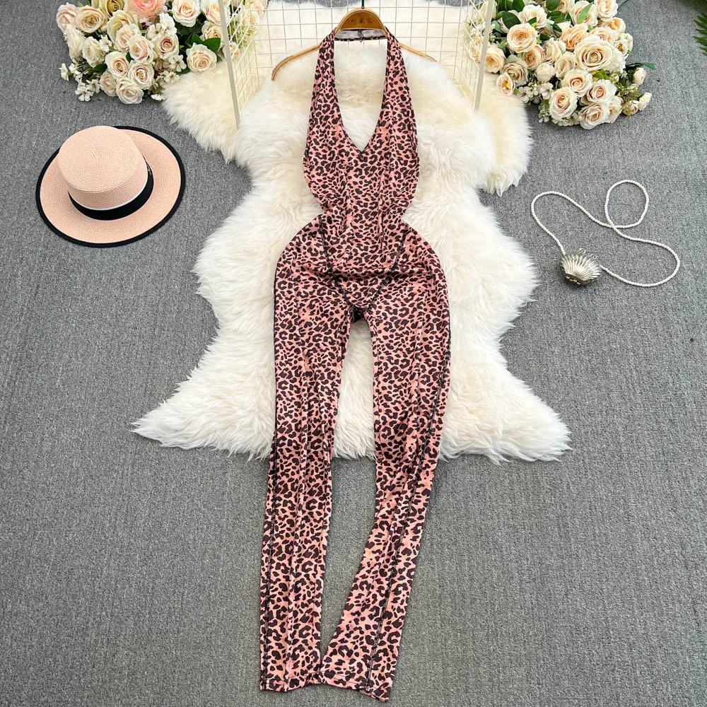 Foamlina American Ins Hot Sexy Deep V-neck Leopard Print Jumpsuit Women\'s New Tight Slim Girl\'s Bodycon Backless Trousers