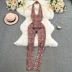 Foamlina American Ins Hot Sexy Deep V-neck Leopard Print Jumpsuit Women's New Tight Slim Girl's Bodycon Backless Trousers