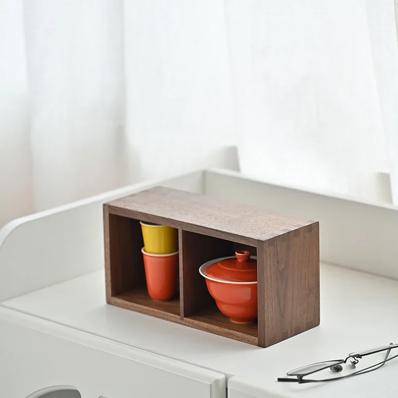 Schwarzes Walnussholz, Fernbedienung, Aufbewahrungsbox, Wohnzimmer-Aufbewahrungsregal, 2-Gitter-Design, Stiftbehälter, Einsteckschloss, Zapfen, Desktop-Organizer