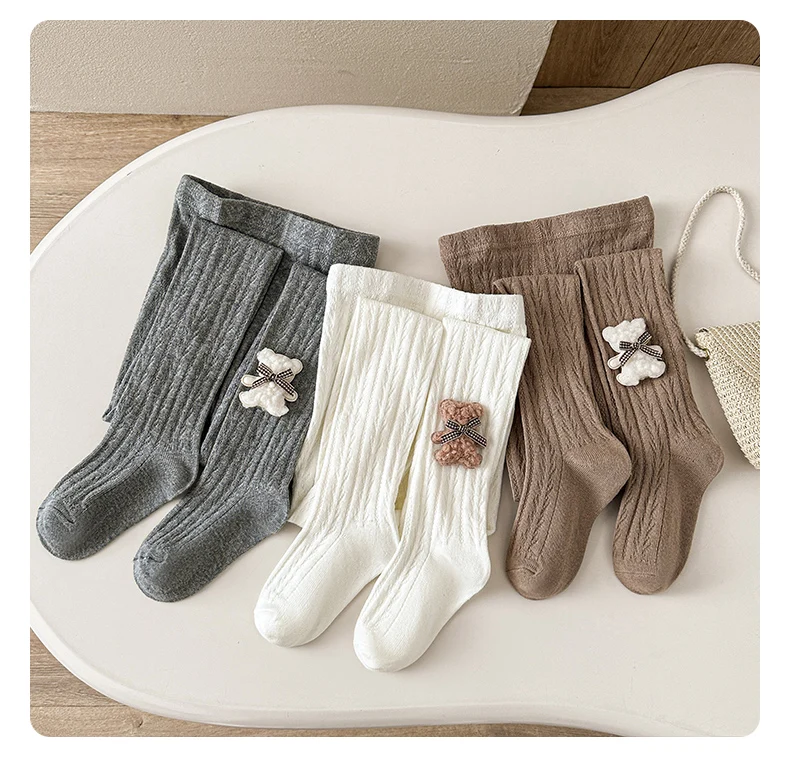 Flauschige Strumpfhose mit Bären- und Schleifendekor, niedliche, verschleißfeste, anti-pilling-Textur für kleine Mädchen, bequeme Leggings aus Stretch-Stoff für den Alltag – Detail 20