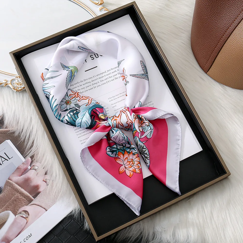 

Luxury Floral Leaf Print Silk Square Scarf for Women Hands Bag Ribbions Soft Satin Kerchief Hairband Head Hijab Female Headband