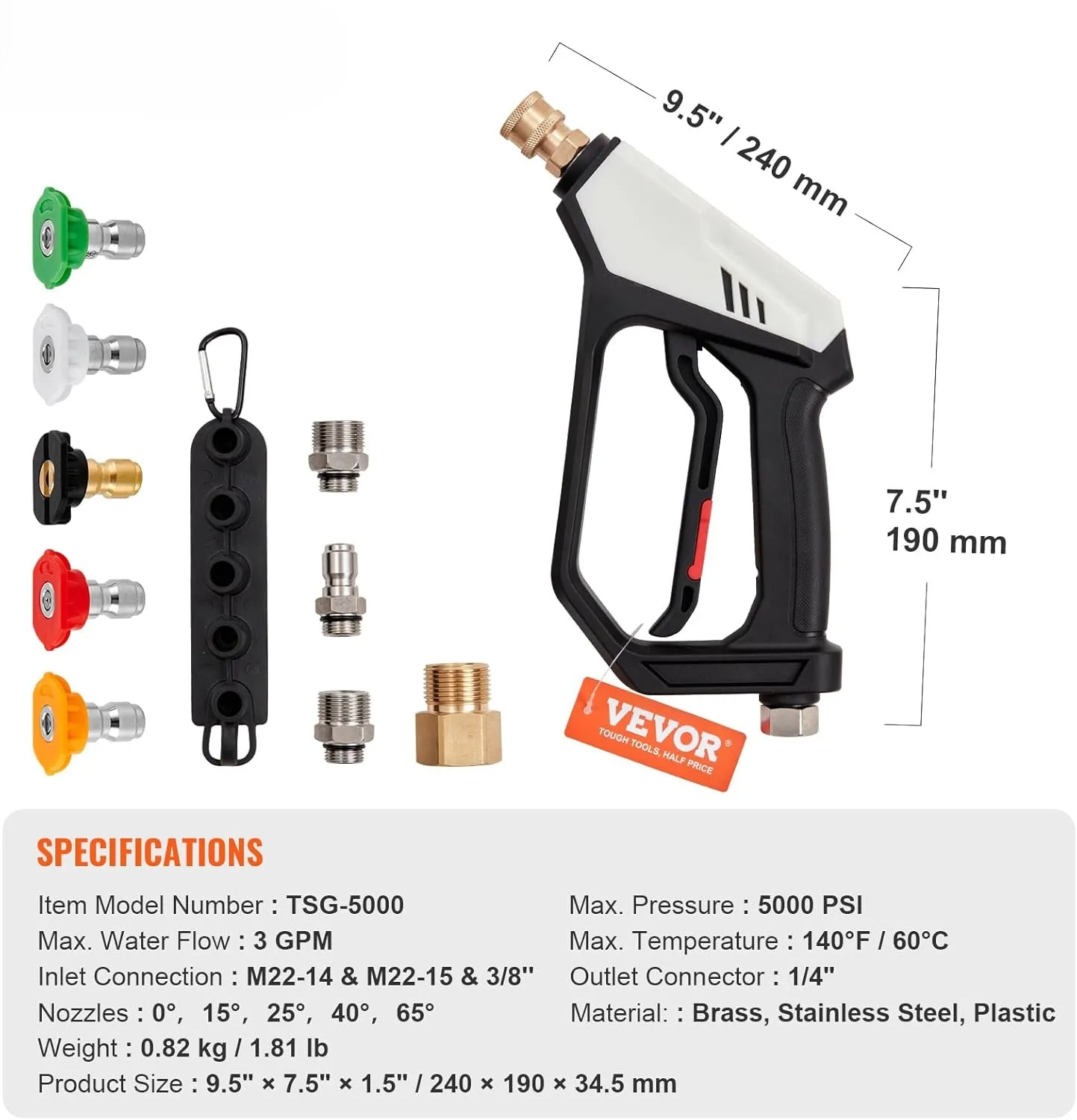 Short Pressure Washer Gun, 5000 PSI High Power Washer Spay Gun, M22-14, 15mm / 3/8'' Inlet & 1/4'' Outlet