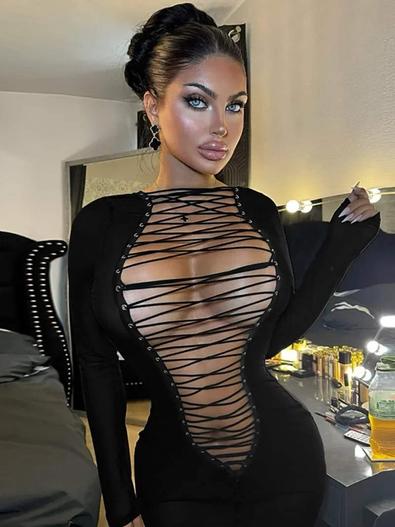 Sexy Hollow Out Bandage Mini Dress Women Fashion Long Sleeve Lace-up Bodycon Package Hip Skinny Party Dresses Night Club Outfit
