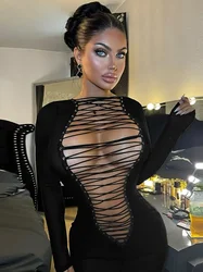 Sexy Hollow Out Bandage Mini Dress Women Fashion Long Sleeve Lace-up Bodycon Package Hip Skinny Party Dresses Night Club Outfit
