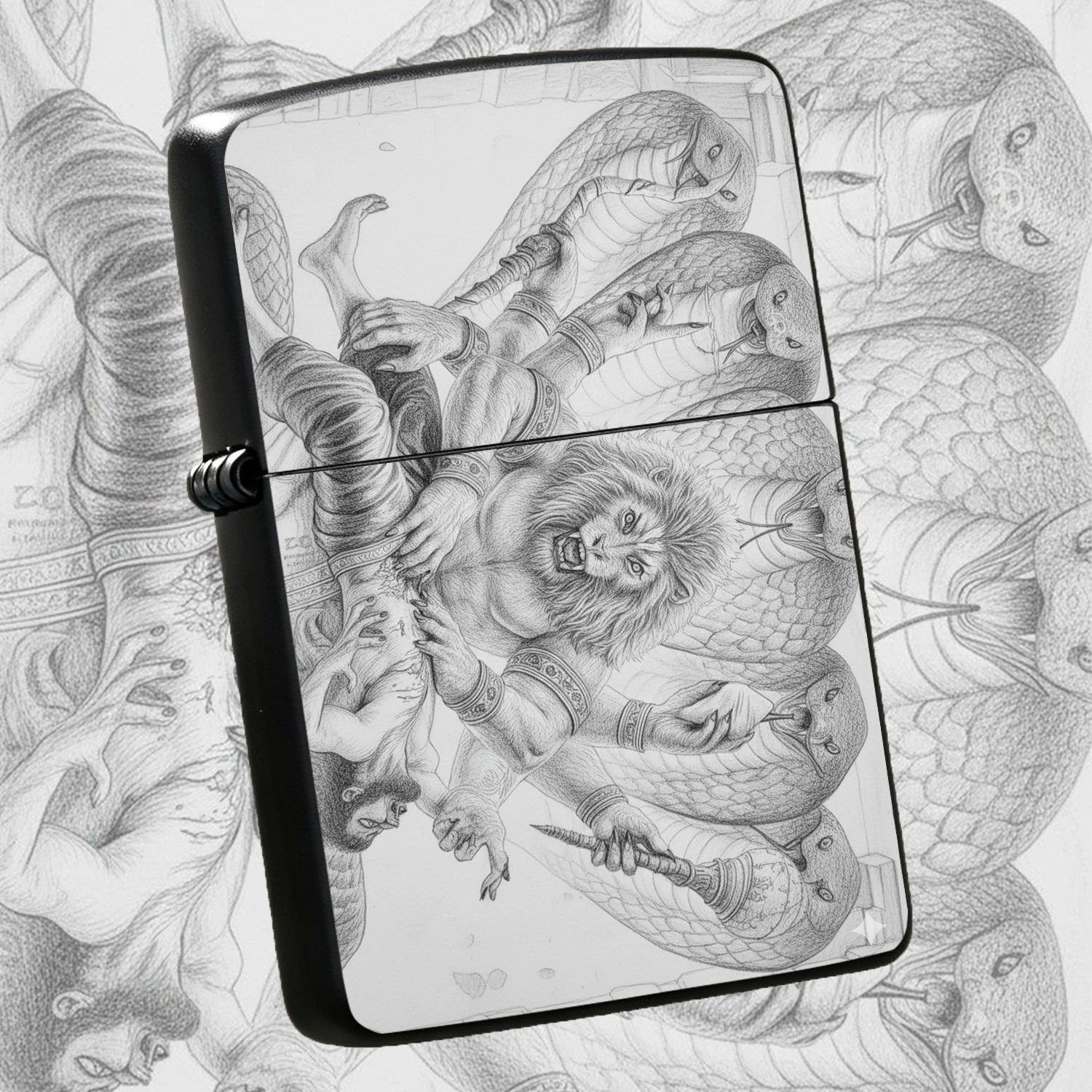 Mythological Themed Lighter With Detailed Pencil Sketch Of Narasimha And Serpent Deity Pattern, Artistic Collectible Portable Ignition Tool For Daily Use, Gifting And Various Scenarios, Unique Cultural Decorative Practical Accessory For Myt