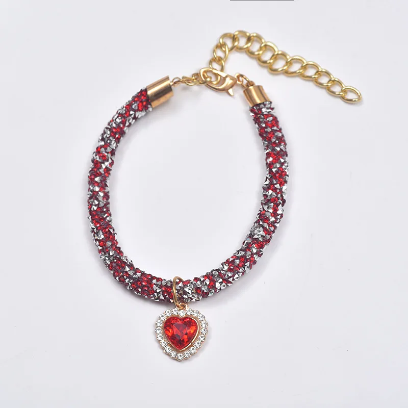 Bling Crystal Chain Heart Gem Pendan Pet Collar Handmake Adjustable Necklace Puppy Dog Cat Pet Accessories