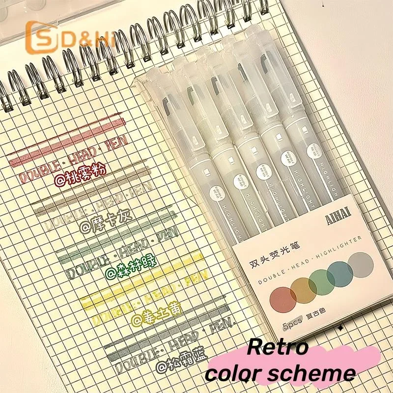 5Colors/Set Double Headed Highlighter Pen Set Unique Window Tip Highlighter Pen Highlighters Marker School Stationery Supplies