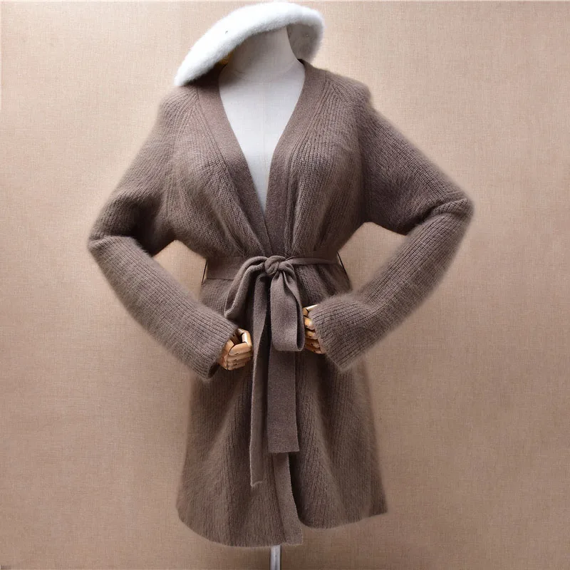 

Ladies Women Autumn Winter Fashion Soft Hairy 100% Mink Cashmere Long Sleeves Belt Loose Elegant Sweater Jakcet Coat Pull Tops