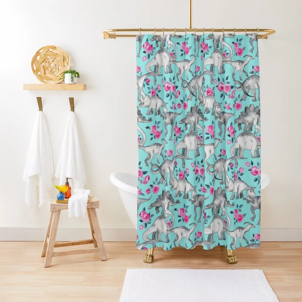 

Dinosaurs and Roses – turquoise blue Shower Curtain Bathroom Showers Waterproof Fabric Shower Bathroom For Shower Curtain