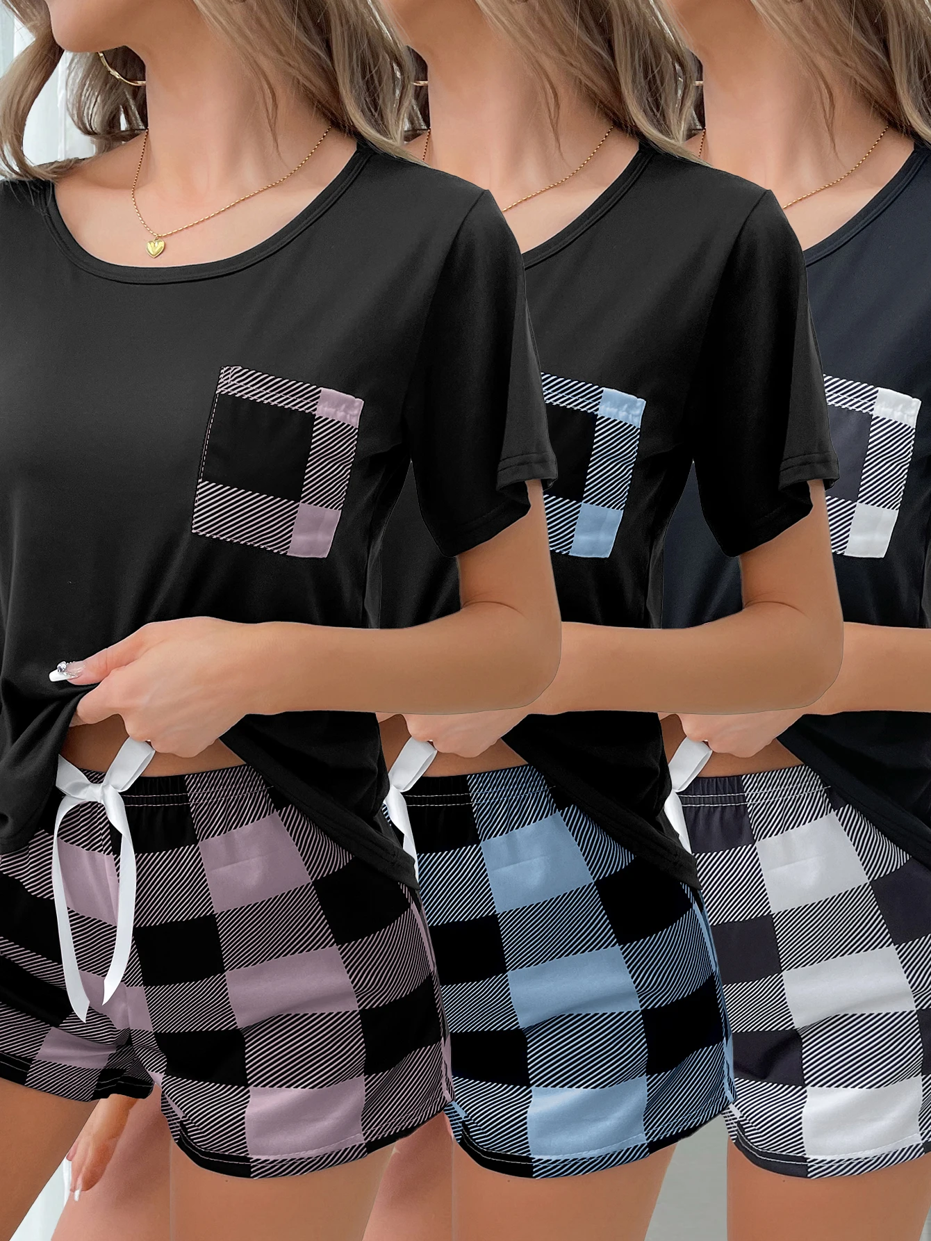 

Новый женский пижамный комплект из шести предметов в клетку с карманами в клетку, короткими рукавами и шортами, повседневная и удобная домашняя одежда.