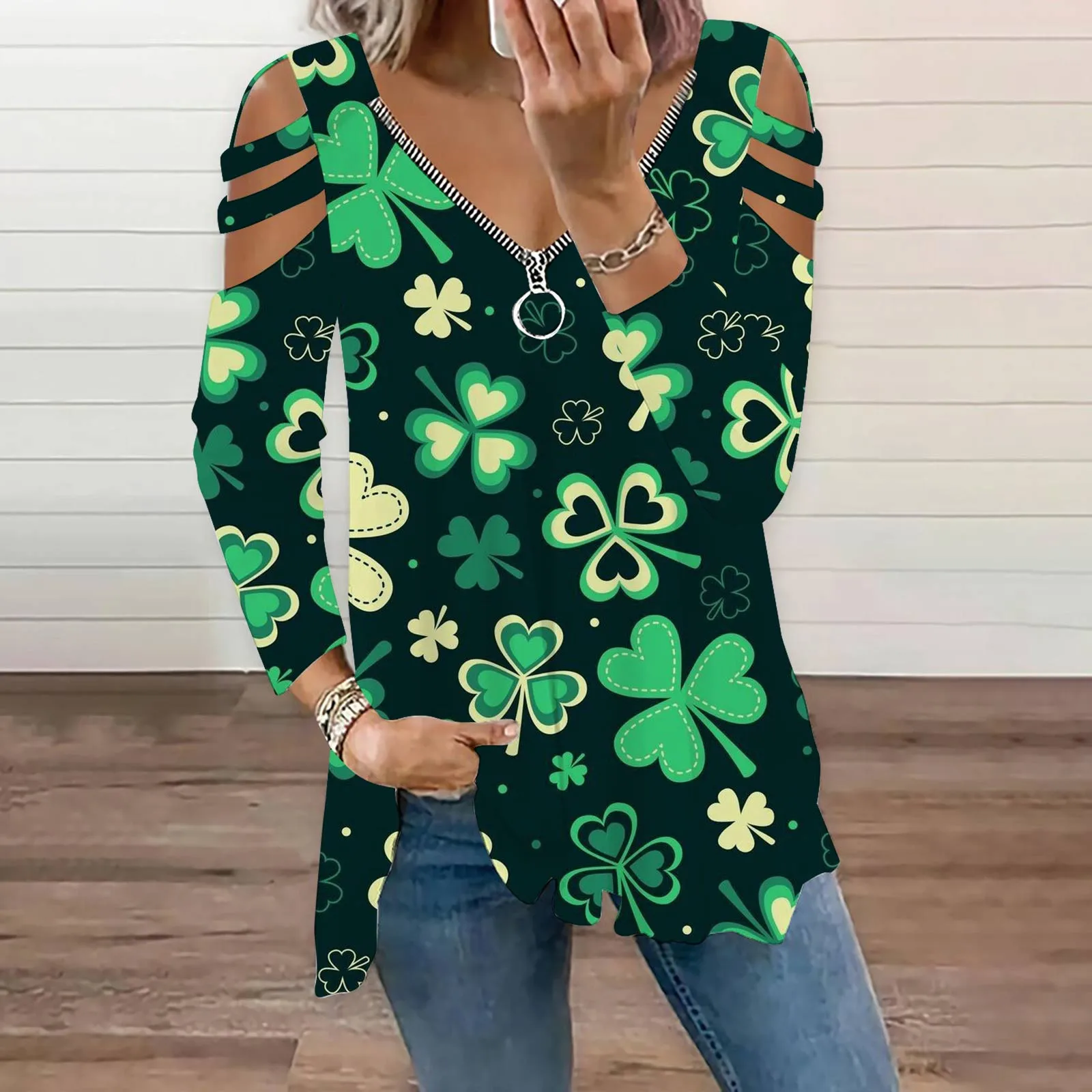 St.Patrick's Day Funny Printed T Shirt Women Zipper Hollow Out Irregular Hem Tops Tee Autumn Long Sleeve V Neck Tee Shirt