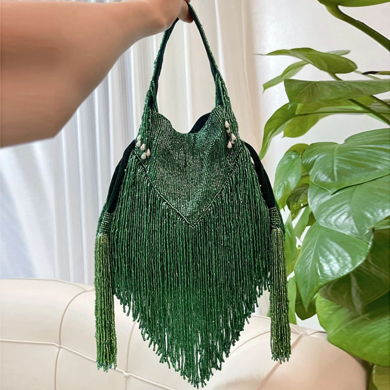 

DOYUTIG Brand Women's Green Tassels Beaded Handbag Indian's Retro Handmade String Totes Lady Embroidery Bead Bag For Party N018