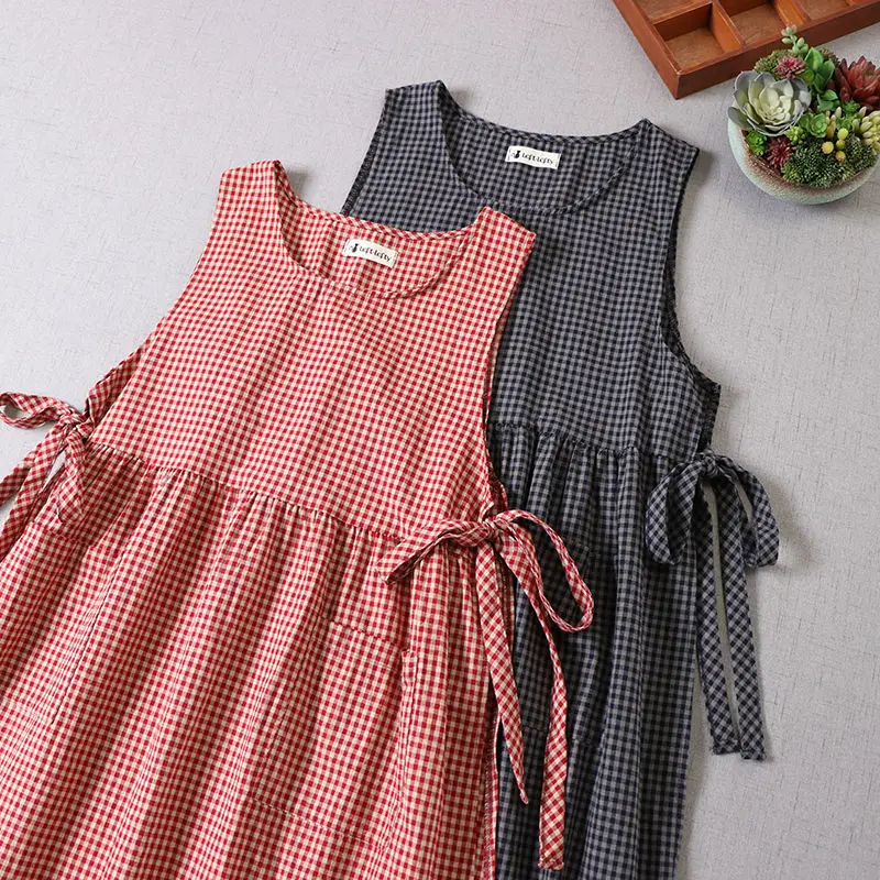 Japanese Mori Girl Style Loose Tank Dress Women Summer Cotton Linen Plaid Sleeveless Round Neck Long Dresses with Pockets Robe