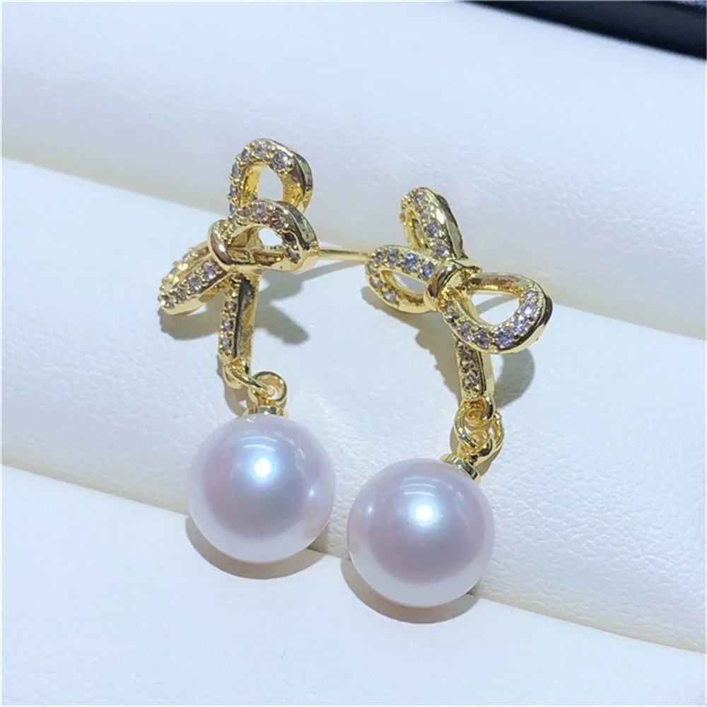 DIY Pearl Accessories 18K Gold-coated Copper-plated Real Gold Bow Sweet S925 Silver Needle Stud Earrings Work in Progress Female