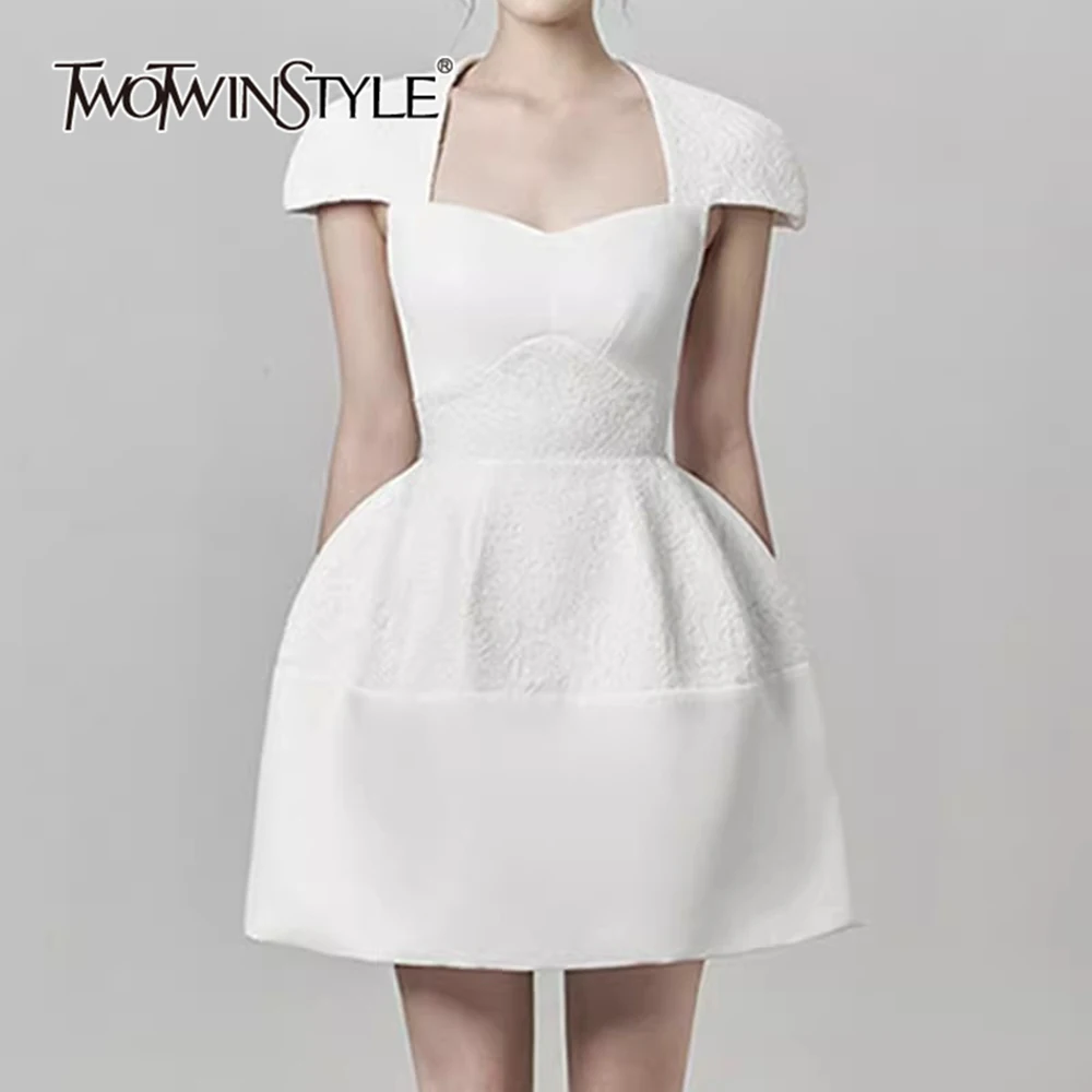 

TWOTWINSTYLE Solid Elegant Spliced Folds Dress For Women Square Collar Short Sleeve High Waist Formal Dresses Female KDR507373