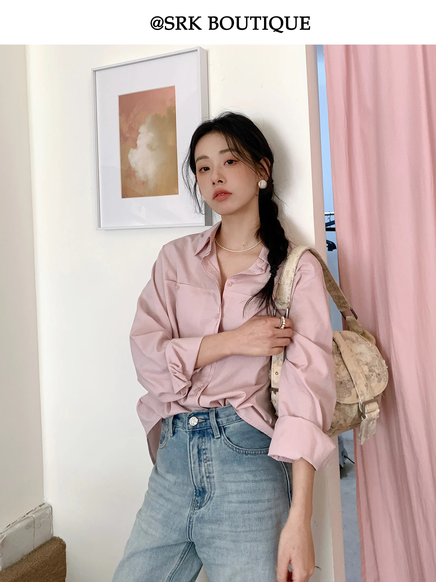 

Женская рубашка SRK весна-лето, новая, повседневная, для офиса, приталенная, с длинным рукавом, из шелково-хлопковой смеси, классический крой, с отложным воротником, открытая планка на пуговицах