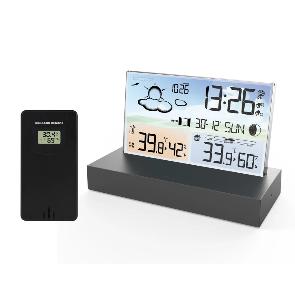 Wireless Multi-Function Transparent Glass Weather Clock, Weather Forecast, Electronic Clock, Black Outdoor Sensor, Backlight