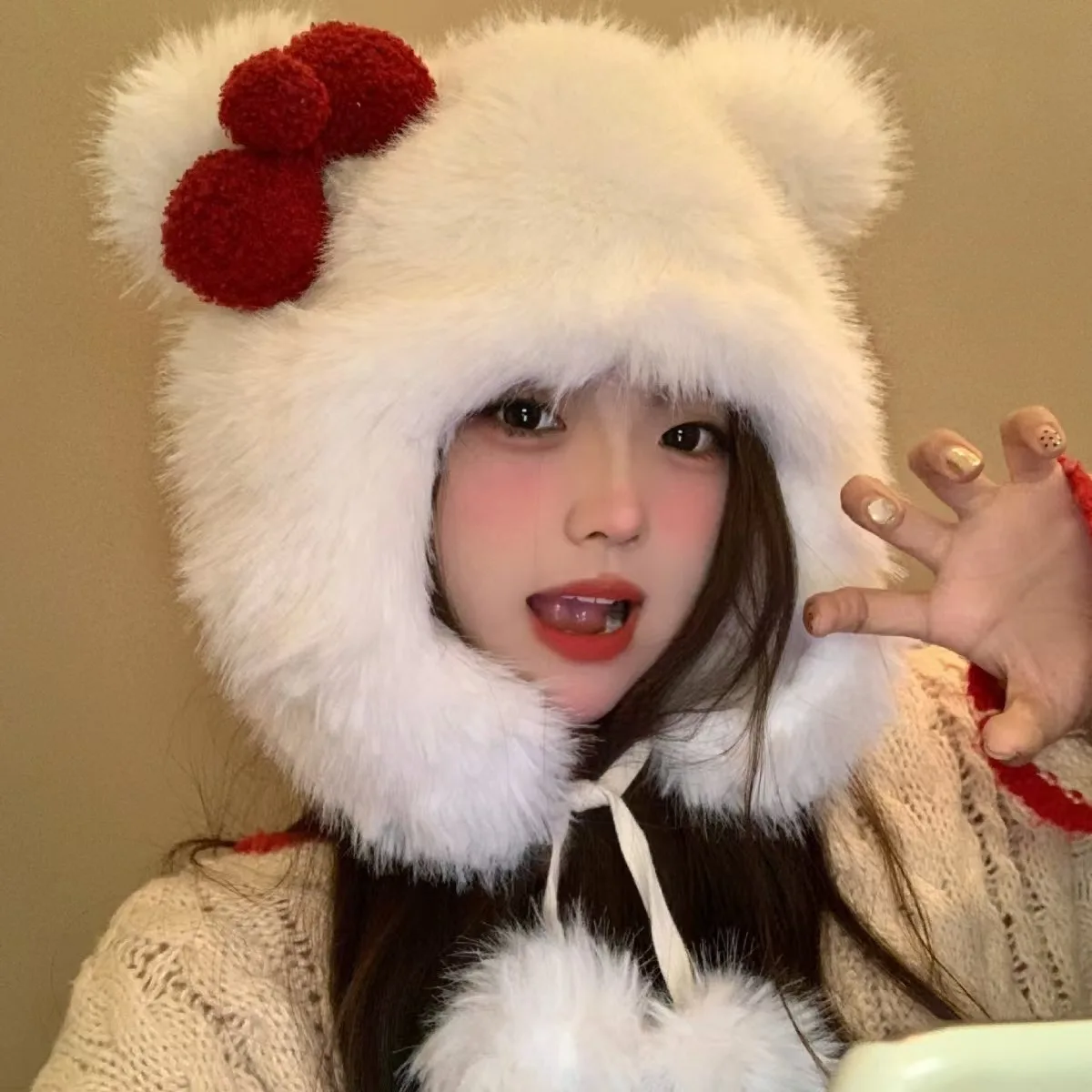 

Plush thick warm hat tie Lei Feng hat sweet and cute bow KT ear protection Bao head knitted hat female trend