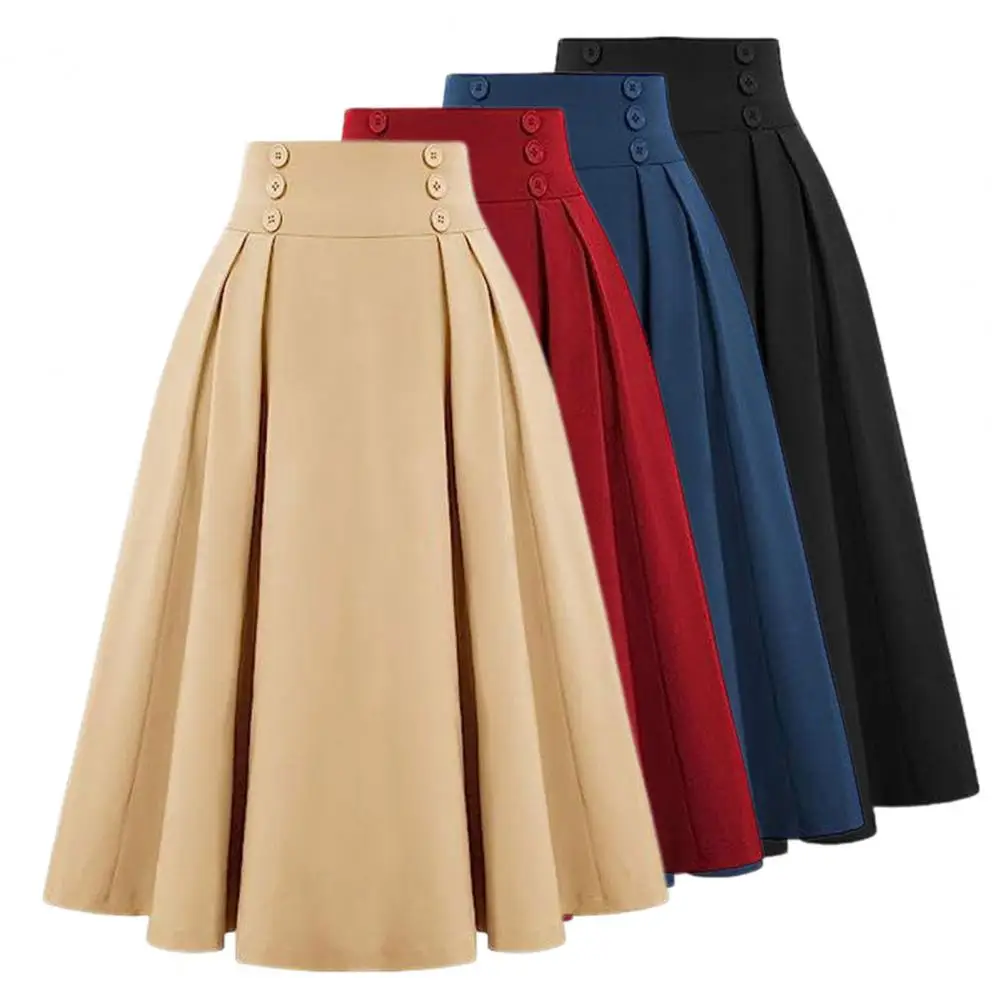 Rok Midi longgar, rok Midi pinggang tinggi, model A-line, Rok Midi, pakaian kerja wanita kantor berkancing dengan kantong, warna Solid, elegan untuk wanita