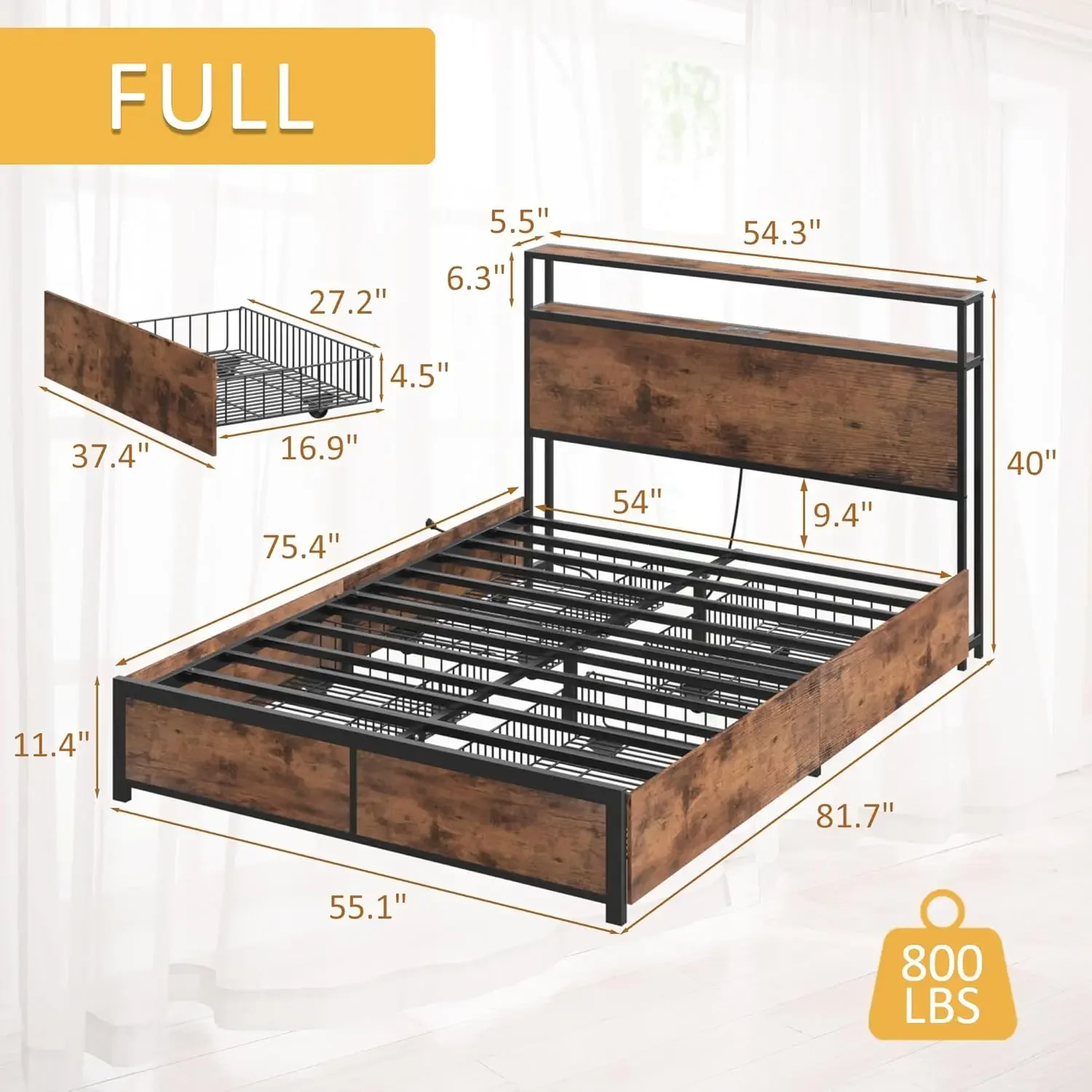 Lifezone Full Bed Frame with 2-Tier Storage Headboard, Metal Platform Bed Frame with 4 Storage Drawers, Built in Charging