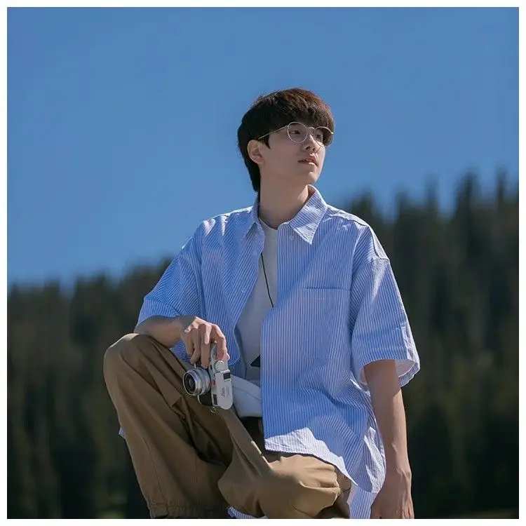 

Casual Stripe ort Sve Men's irt Summer Loose Fit Flip Collar Thin Lightweight Breathable Polyester Faionable Open Ca...