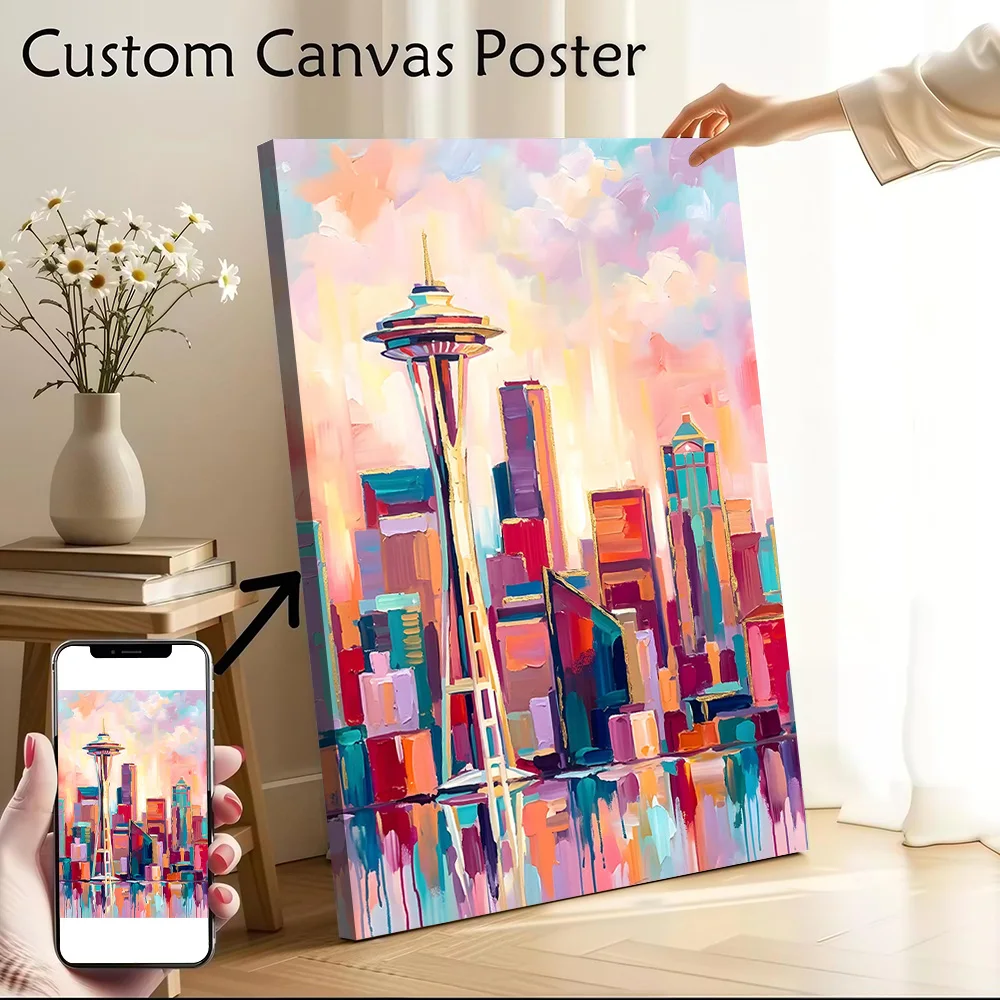 Vibrant Seattle Skyline Painting Canvas Wall Art Poster Personalized Photo Printing Perfect Gift for Decorative Paintings Frames