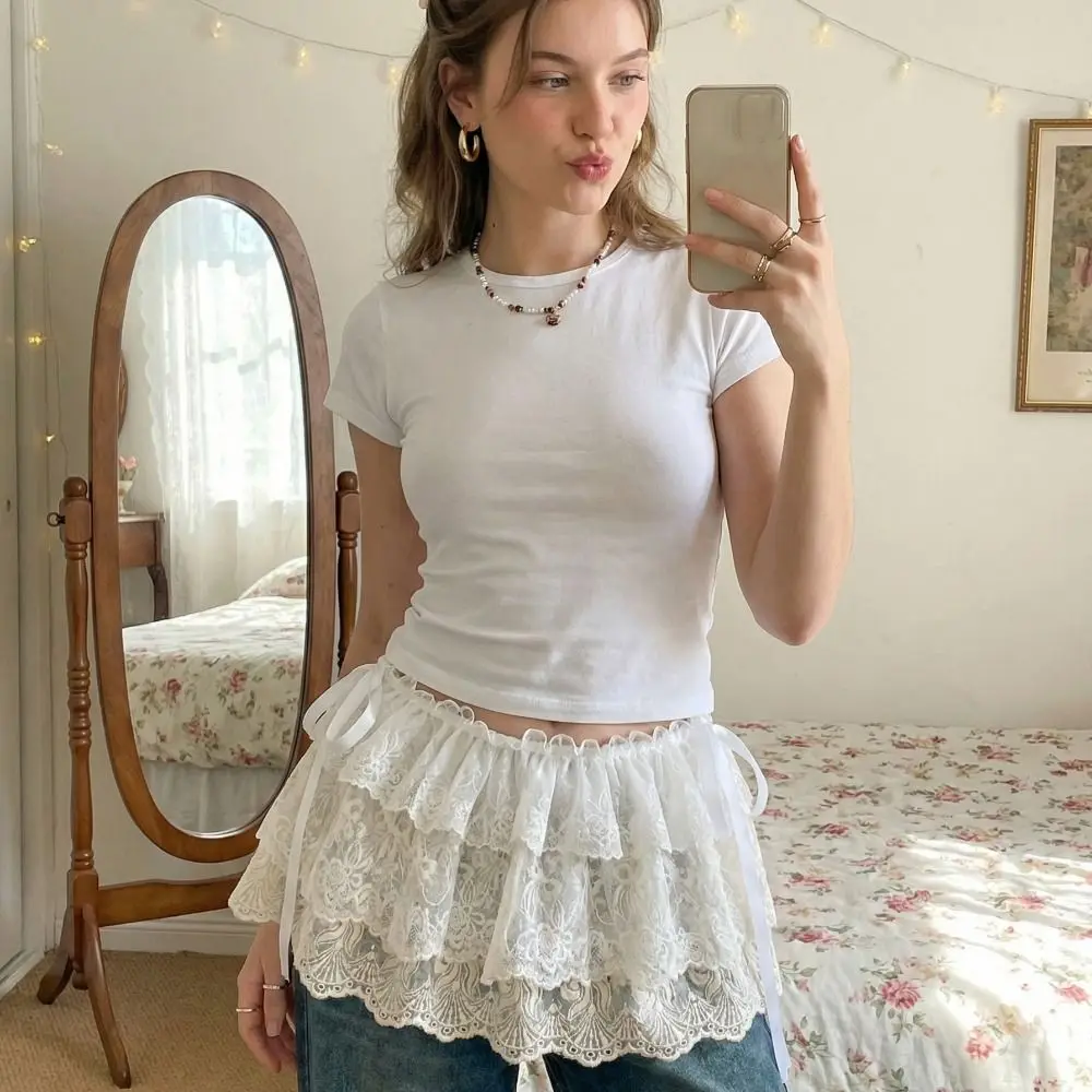 

Elegant Balletcore White Lace Fart Curtain Lace Up Korean Style Mini Lace Skirts Ballet Style Flower Butt Curtain Streetwear