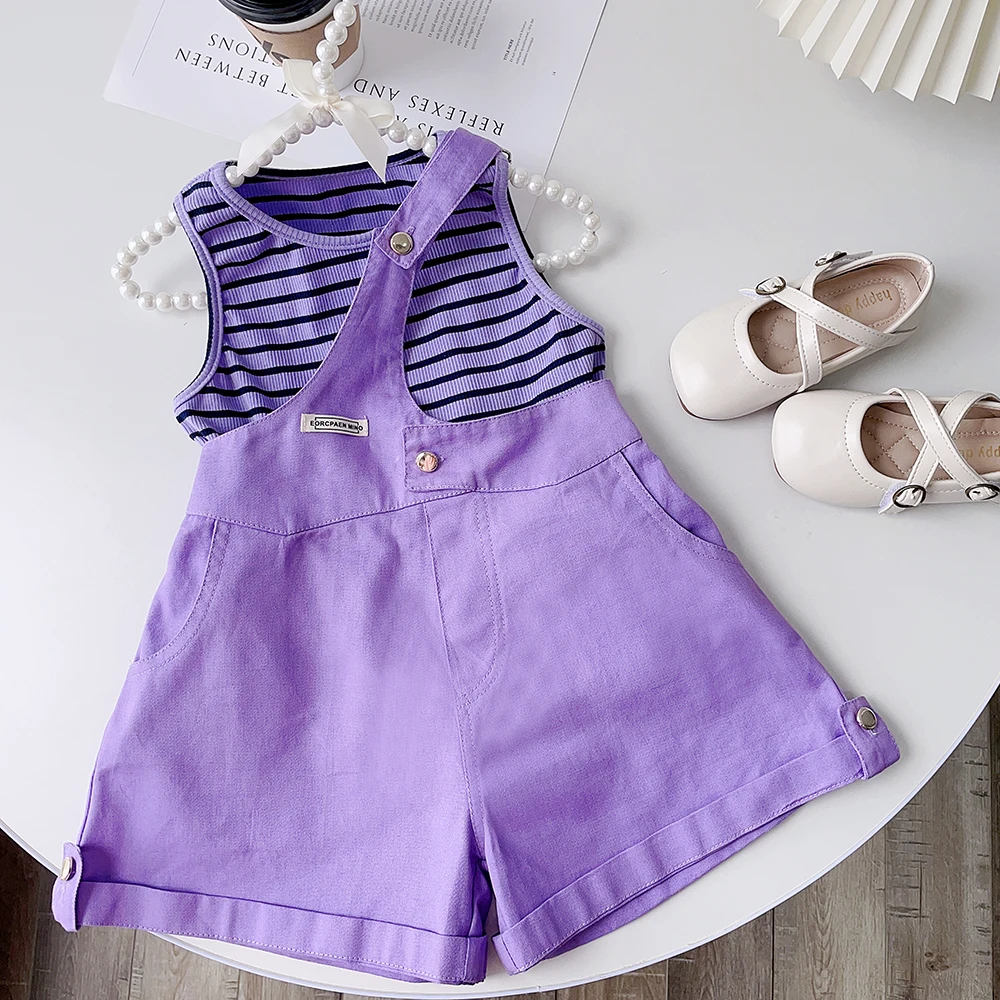 

Melario Children Clothing Set Summer Striped Girl Baby Korean Loose Casual Suspenders T-shirt + Pants Suit Two Piece Fashion Set