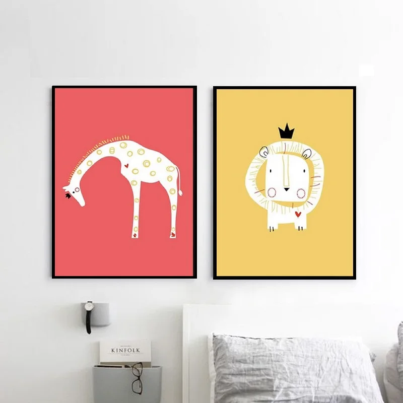 Angel's Art Unframed Modern Nordic Minimalist Cartoon Animals Lion Giraffe With Crown HD Print Wall Decor Canvas Poster