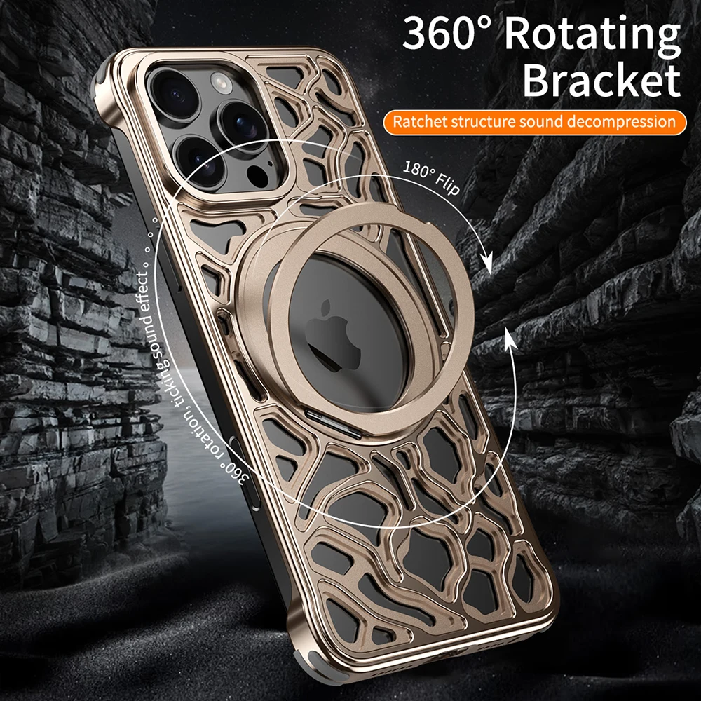 Luxury Metal Cloud Rock Hollow out for iPhone 16 15 Pro Max Case cover Cooling Shockproof Capas Stand for Magsafe charge Funda